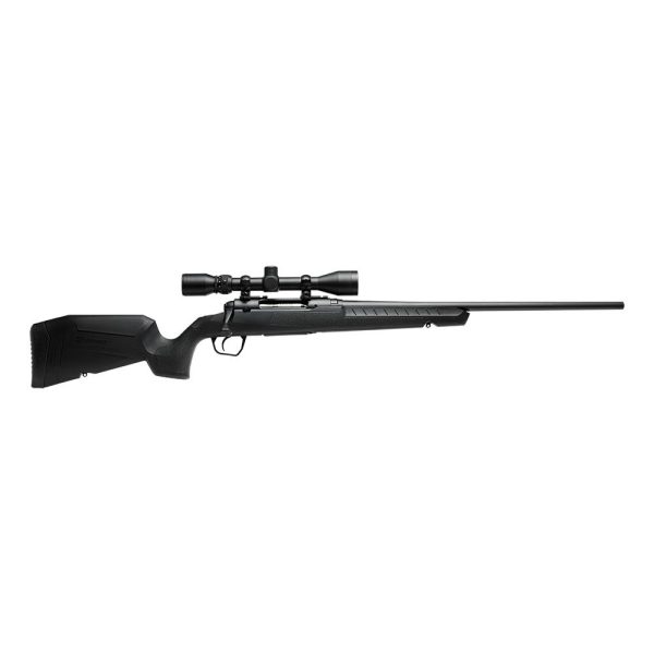 Black bolt-action rifle with a scope, featuring a synthetic stock and long barrel, isolated on a white background.