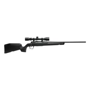 Black bolt-action rifle with a sleek, textured stock and a mounted scope.