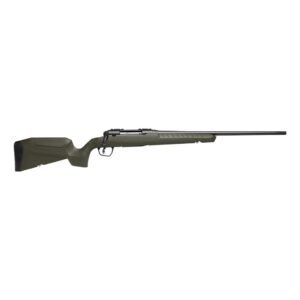 Olive green bolt-action rifle with black barrel and textured stock.