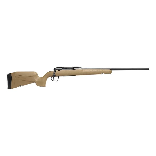 Tan rifle with black barrel and butt pad, bolt-action mechanism; keywords: firearms, guns, ammo, bag, iowa, casey iowa.