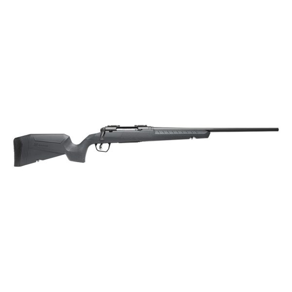 Dark gray bolt-action rifle with a sleek black barrel and textured grip, set against a white background.