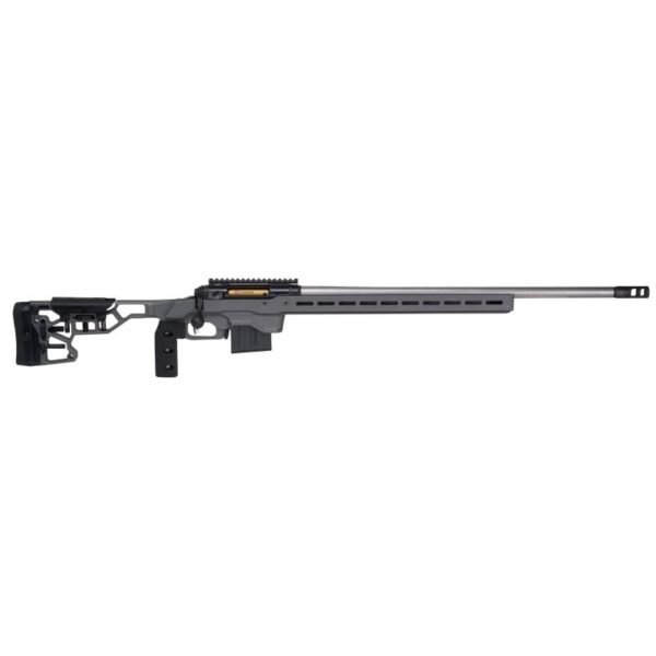 Gray precision rifle with a black grip, adjustable stock, and a long silver barrel.