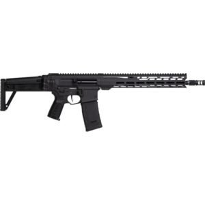 Black semi-automatic rifle with a textured grip, adjustable stock, and long barrel featuring a handguard with slots; commonly associated with firearms, guns, and ammo in casey, iowa.