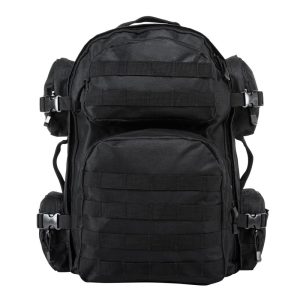 Black tactical backpack with multiple compartments and adjustable straps, suitable for firearms, ammo, or gear, photographed against a white background.