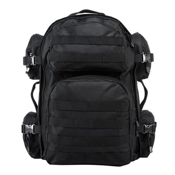 Black tactical backpack with multiple compartments and adjustable straps, suitable for firearms, ammo, or gear, photographed against a white background.