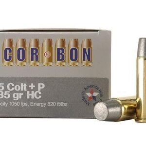 Box of cor-bon. 45 colt +p 335 grain hc ammo with two brass cartridges standing upright.