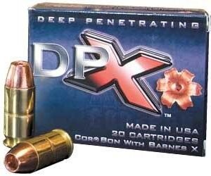 Dpx ammunition box with blue background and silver lettering, featuring two copper-tipped cartridges in front.