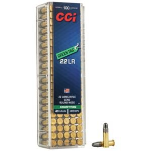 Box of cci green tag. 22 lr ammunition with gold-colored cartridges and a blue label indicating 40 grain, 1070 fps, made in usa.