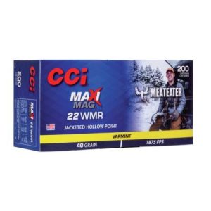 Box of cci maxi mag. 22 wmr ammunition with blue packaging, featuring red and white text, "meateater" branding, 40 grain, 200 cartridges, in casey, iowa.