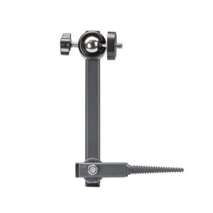 Gun mounting hardware with a black metal arm and knob, featuring a steel ball joint and a screw attachment.