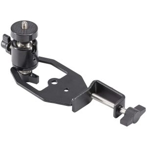 Black metal clamp mount with adjustable knobs and screw, suitable for attaching cameras or accessories.