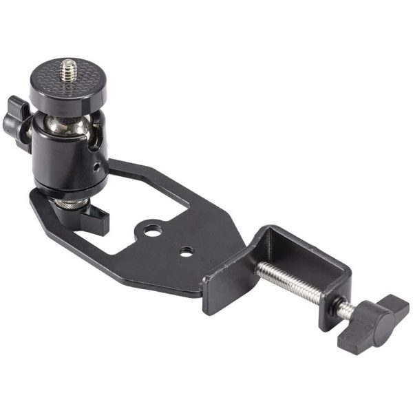 Black metal clamp mount with adjustable knobs and screw, suitable for attaching cameras or accessories.
