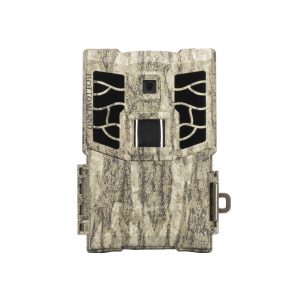 Camouflage-patterned trail camera with black accents on a white background.