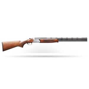 Shotgun with a polished silver receiver, dark brown wooden stock and forearm with checkering, and a long black barrel featuring vented ribbing.