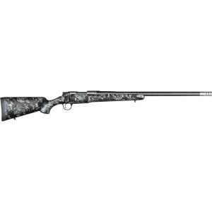 Black and gray camouflage bolt-action rifle with a long barrel and textured stock.