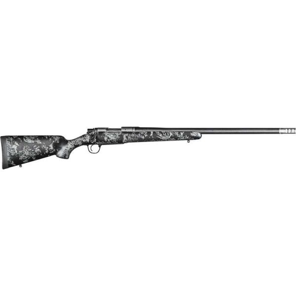 Black and gray camouflage bolt-action rifle with a long barrel and textured stock.