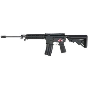 Black ar-15 style rifle with adjustable stock and red selector switch, related to firearms in casey, iowa.