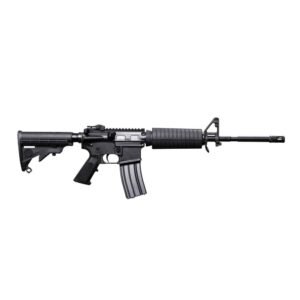 Black semi-automatic rifle with collapsible stock and textured grip against a white background.