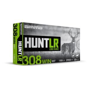 Box of ammo incorporated hunt lr long range. 308 win ammunition with green and black design, featuring a deer image on the package.