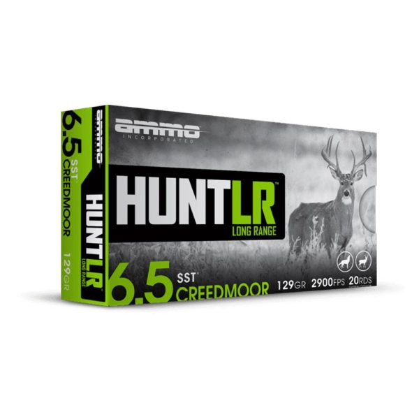 A box of ammo incorporated hunt lr long range 6. 5 creedmoor 129gr ammunition with a gray and green design featuring a deer image on the cover.