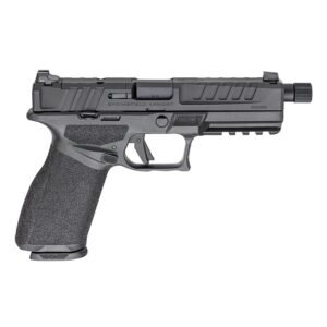 Black springfield armory handgun with textured grip and threaded barrel.