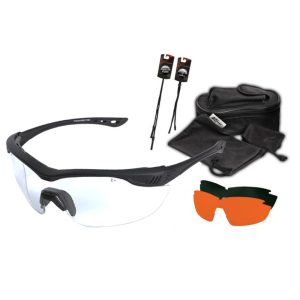 Black and clear tactical glasses set with interchangeable orange lenses, carrying case, black lanyards, and cleaning cloths, related to firearms and ammo gear in Casey, Iowa.