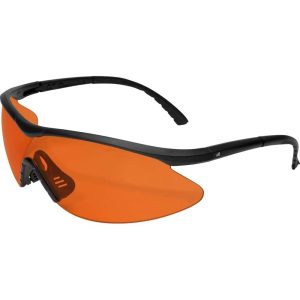 Safety glasses with black frame and orange tinted lenses.