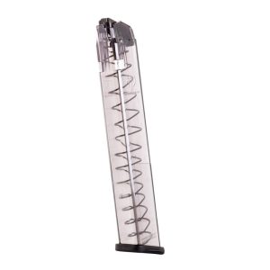 Transparent gun magazine with black base and follower, displaying internal spring.