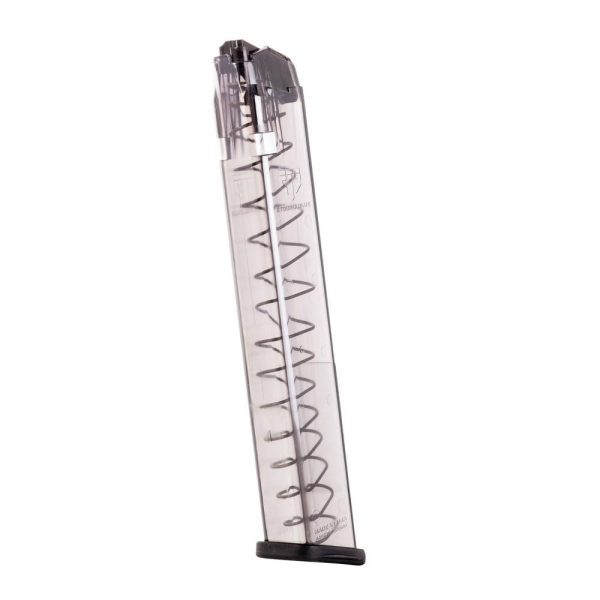 Transparent gun magazine with black base and follower, displaying internal spring.