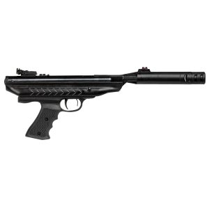 Black air pistol with textured grip and sleek design.