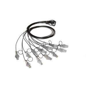 Black and silver gang rig decoy lines with weights and loops arranged on a white background.