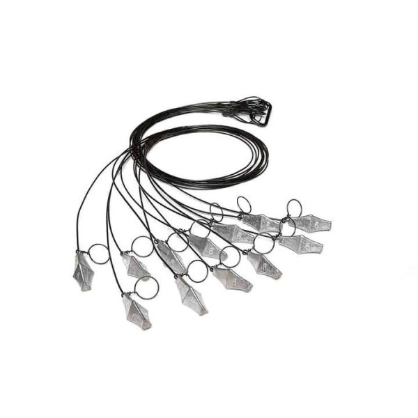 Black and silver gang rig decoy lines with weights and loops arranged on a white background.
