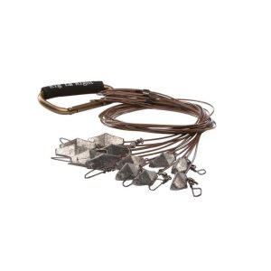 Brown cables with silver pyramid-shaped weights attached, connected to a gold carabiner with black padding.