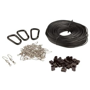 Black line spool with three black carabiners, metal fishing swivels, black plastic crimps.