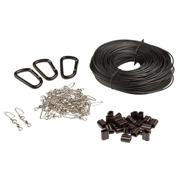 Black line spool with three black carabiners, metal fishing swivels, black plastic crimps.