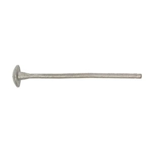 A single rusty metal railroad spike on a white background.
