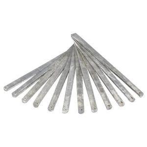 Ten thin, silver metallic strips fanned out on a white background, each with a small hole near one end.