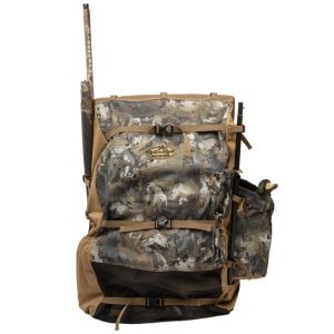 Camouflage hunting backpack with attached firearm sleeve and gear pockets in tan, brown, and black, featuring a Mossy Oak pattern.