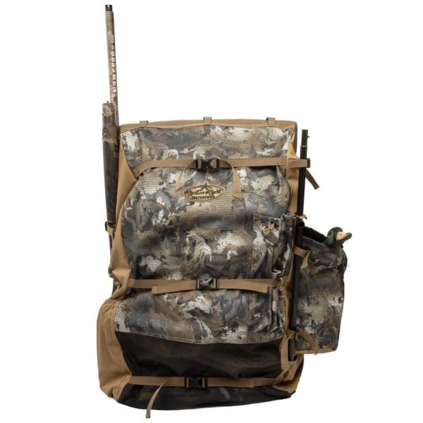 Camouflage hunting backpack with attached firearm sleeve and gear pockets in tan, brown, and black, featuring a mossy oak pattern.