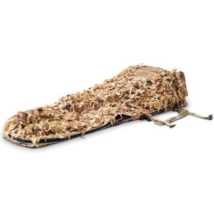 Camouflaged rifle case with beige and brown shredded fabric texture, designed for firearms and ammo, lying flat with securing straps, representing hunting gear in Casey, Iowa.