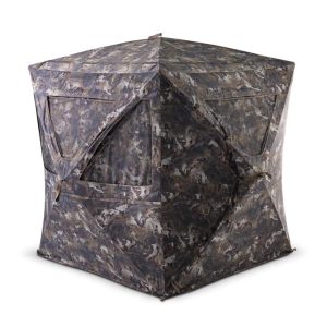 Camo-patterned hunting blind with geometric shape and multiple windows.