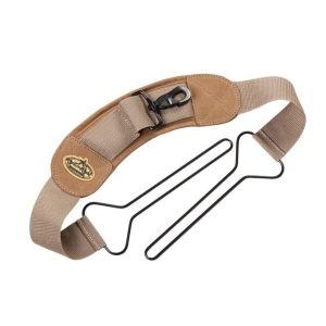 Tan firearm carry strap with metal clip and fabric badge, ideal for hunting and shooting gear, connected to black wire gun rest. Suitable for use in Casey, Iowa.