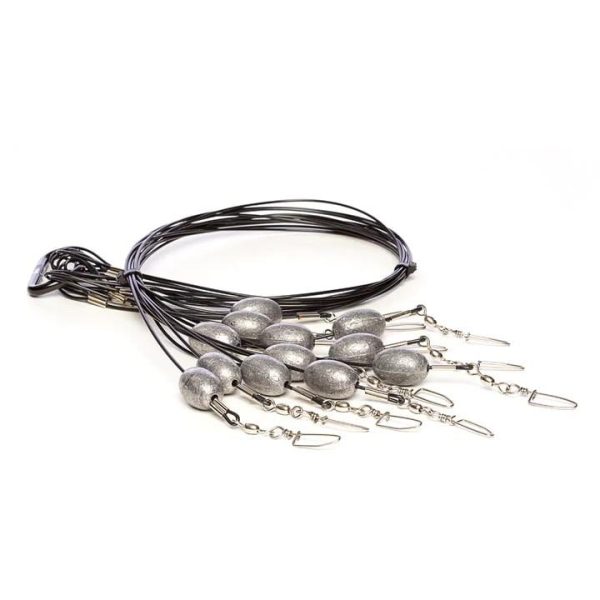 Black steel fishing weights with oval silver sinkers and attached swivels, coiled neatly.