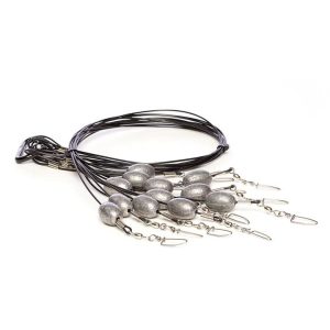 A cluster of black cables with attached silver metallic weights and small clips, arranged on a white background.