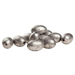 Silver metallic oval sinkers scattered on a white background.