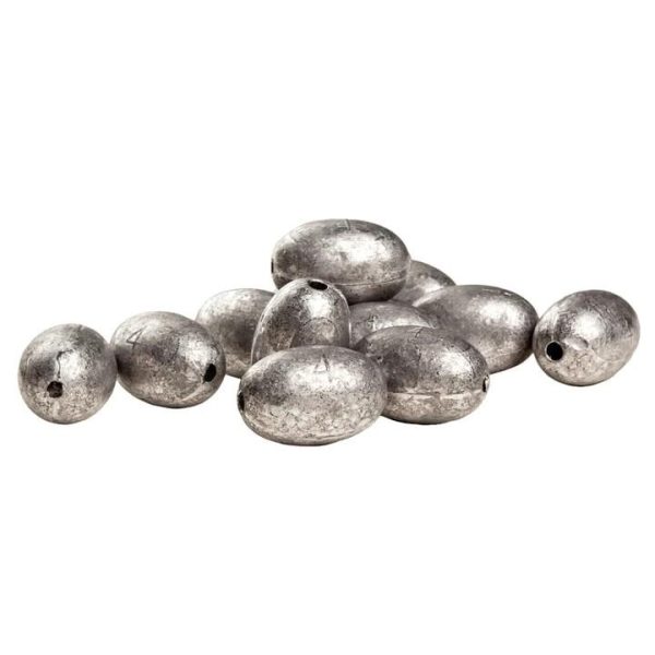 Silver metallic oval sinkers scattered on a white background.