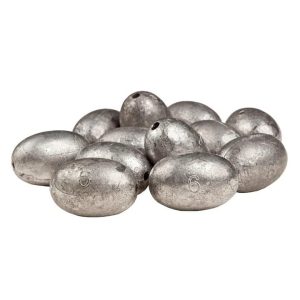 Silver fishing sinkers with engraved numbers in a pile.