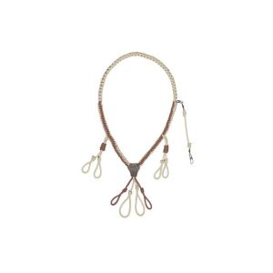 Braided leather hunting lanyard in tan and brown, featuring multiple loops and an intricate centerpiece, designed for holding ammunition or firearm accessories.