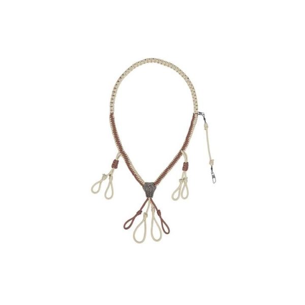 Braided leather hunting lanyard in tan and brown, featuring multiple loops and an intricate centerpiece, designed for holding ammunition or firearm accessories.