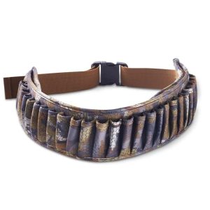 Camo-patterned ammo belt with brown and tan hues and multiple shell loops, suitable for firearms.